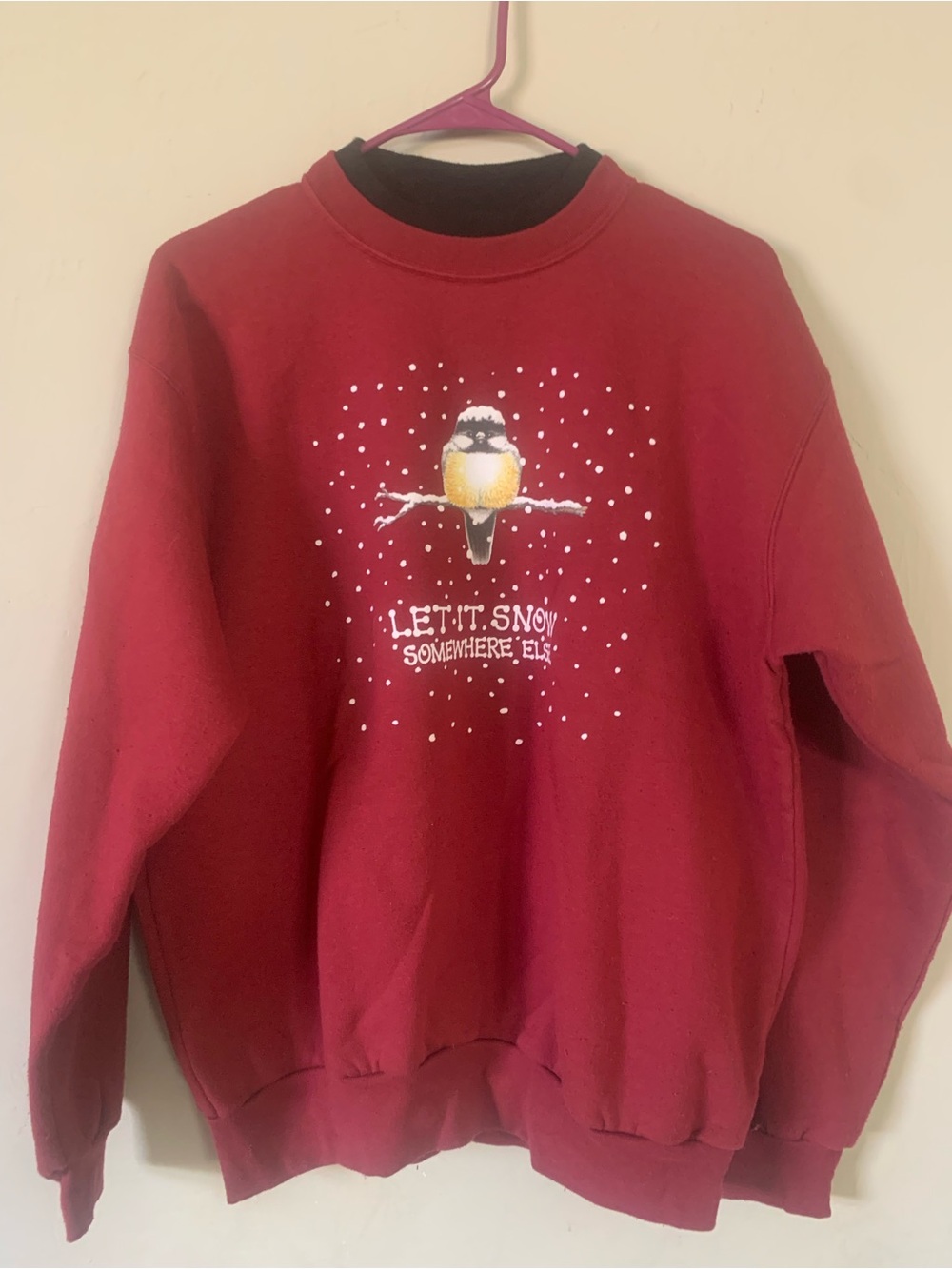 Red women’s Crewneck Sweater with Bird Snow Graphic